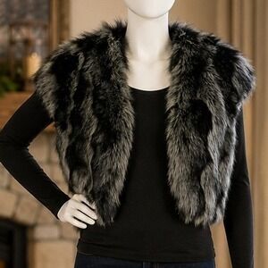 Tahari Womens Shrug Gray Black Striped Faux Fur Bolero XS